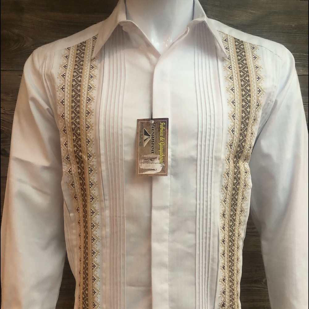 Mens Mexican Guayabera Wedding Dress Shirt White Long Sleeves Double Embroidery
